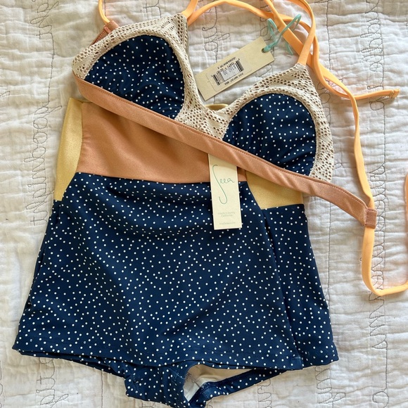 Seea Other - Seea Navy Polka Dot & Peach Crochet Bikini Top with Yellow Accents